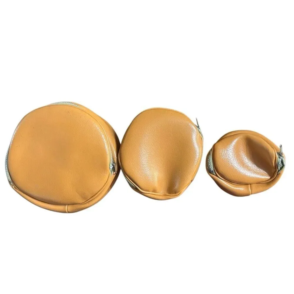 Vintage Nesting Zipper Pouches Set of 3 Tan Faux Leather Coin Purse Cosmetic